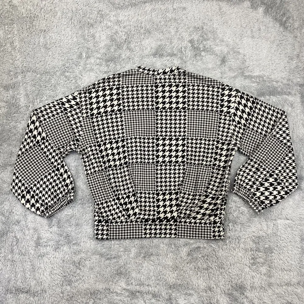Monrow Shirt Women Small Black Houndstooth Sweatshirt Sweater Puff Sleeve USA - Picture 8 of 14